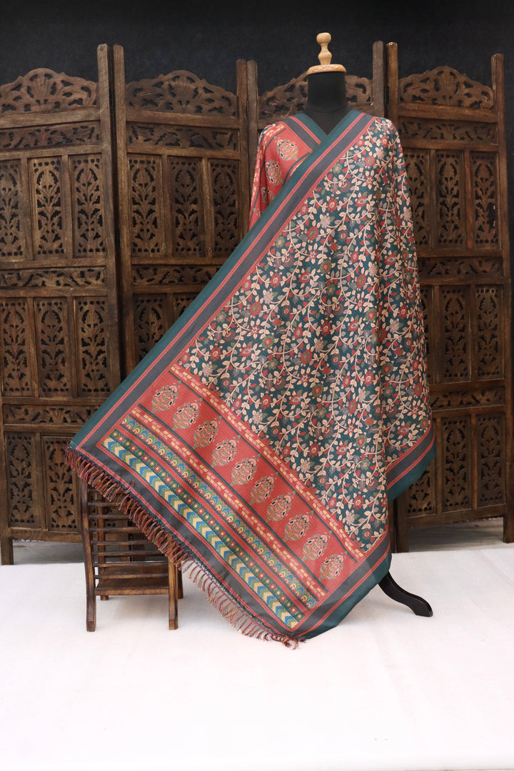 Bottle Green & Rust Malai Silk Dupatta with Floral Jaali Print & Kalamkari Border – Elegant Handcrafted Ethnic Drape