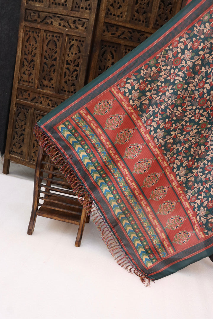 Bottle Green & Rust Malai Silk Dupatta with Floral Jaali Print & Kalamkari Border – Elegant Handcrafted Ethnic Drape