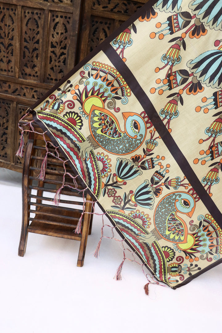 Beige Malai Silk Dupatta with Tribal Floral Print & Peacock Motif Border – Elegant Handcrafted Ethnic Stole