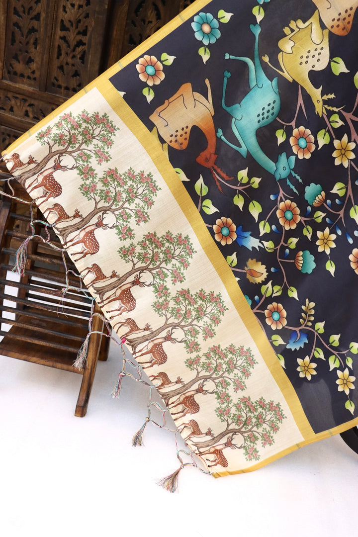 Charcoal Grey Malai Silk Dupatta with Tribal Deer & Floral Print Border – Elegant Folk Art Ethnic Stole