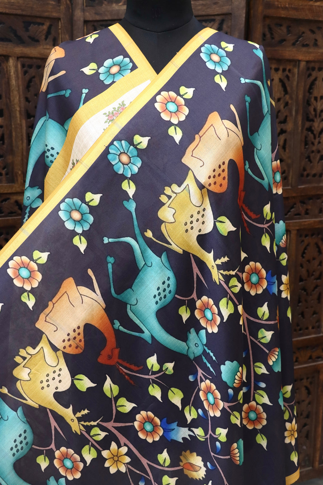 Charcoal Grey Malai Silk Dupatta with Tribal Deer & Floral Print Border – Elegant Folk Art Ethnic Stole