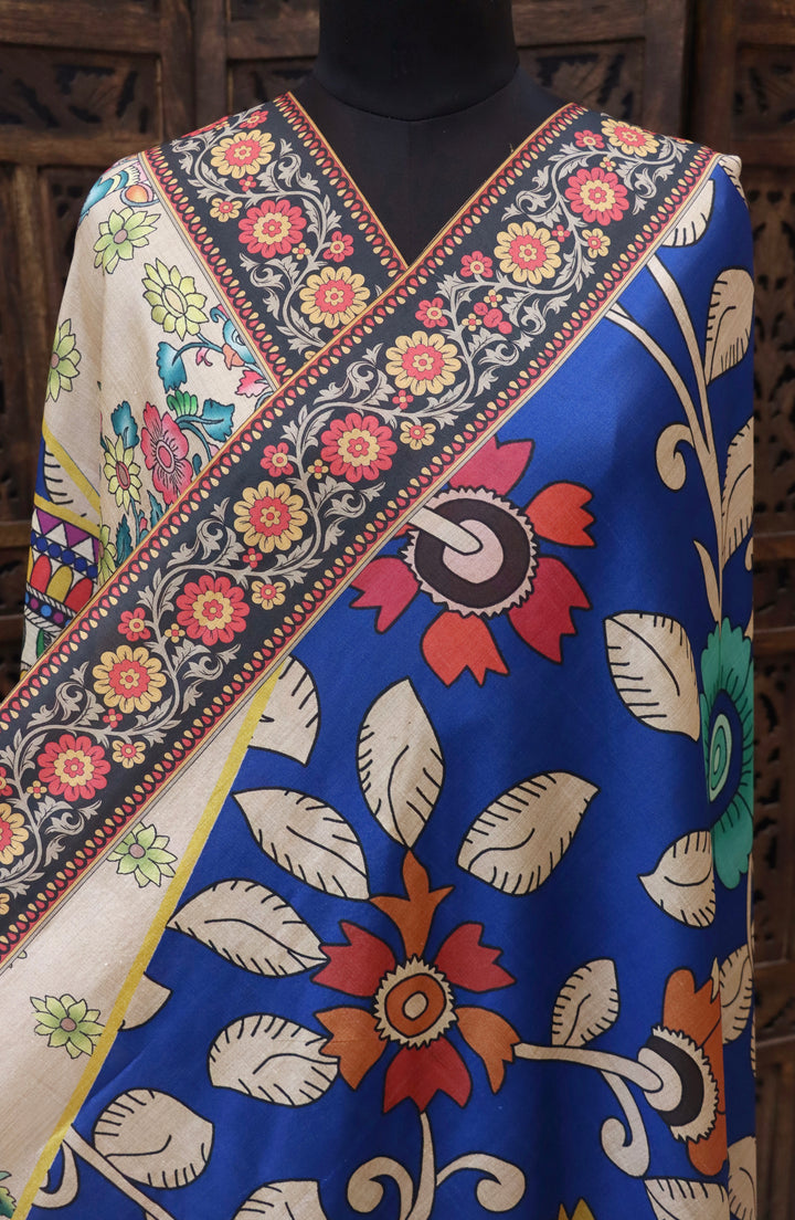 Royal Blue Malai Silk Dupatta with Floral Vines & Handcrafted Peacock Medallion – Traditional Folk Art Ethnic Stole