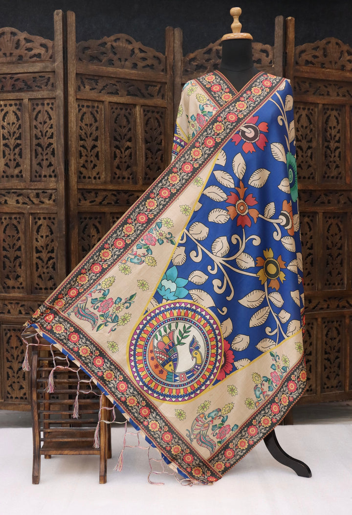 Royal Blue Malai Silk Dupatta with Floral Vines & Handcrafted Peacock Medallion – Traditional Folk Art Ethnic Stole