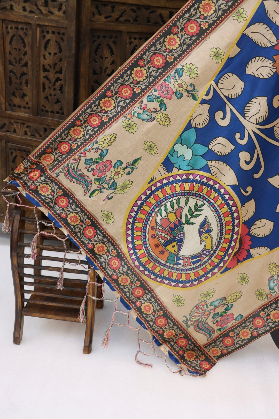 Royal Blue Malai Silk Dupatta with Floral Vines & Handcrafted Peacock Medallion – Traditional Folk Art Ethnic Stole