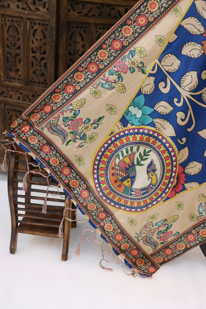 Royal Blue Malai Silk Dupatta with Floral Vines & Handcrafted Peacock Medallion – Traditional Folk Art Ethnic Stole