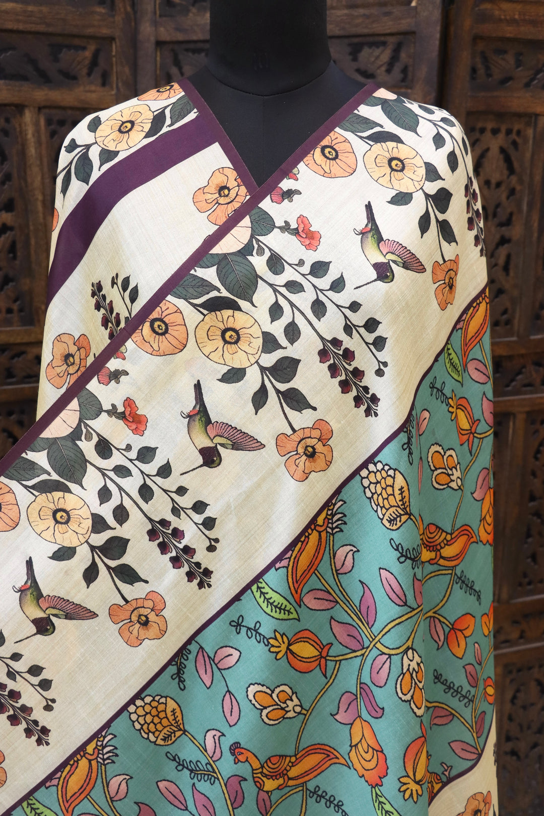 Ivory & Aqua Malai Silk Dupatta with Floral Vine & Bird Motifs – Soft Ethnic Printed Dupatta with Tassels