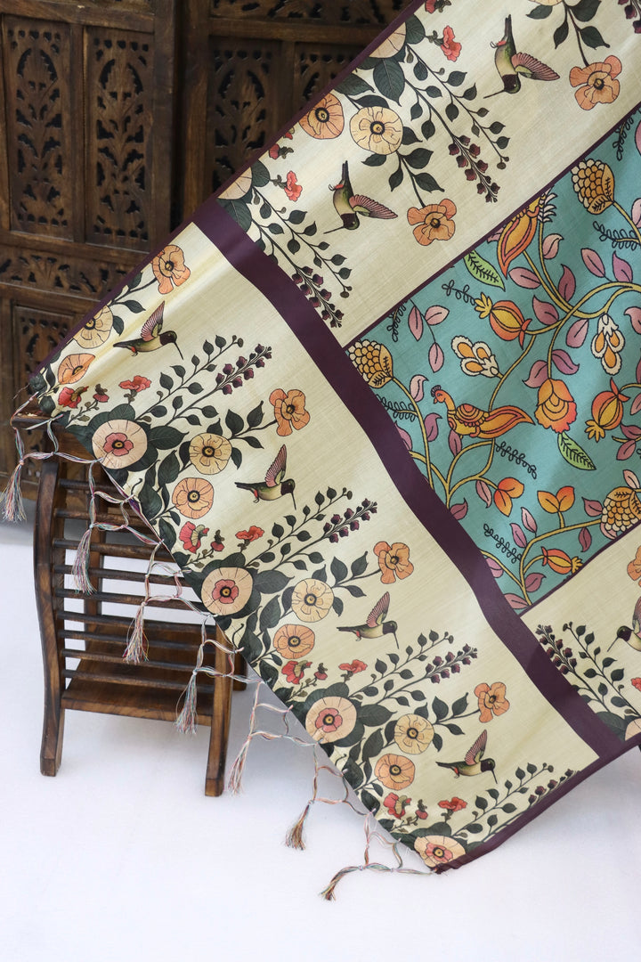 Ivory & Aqua Malai Silk Dupatta with Floral Vine & Bird Motifs – Soft Ethnic Printed Dupatta with Tassels