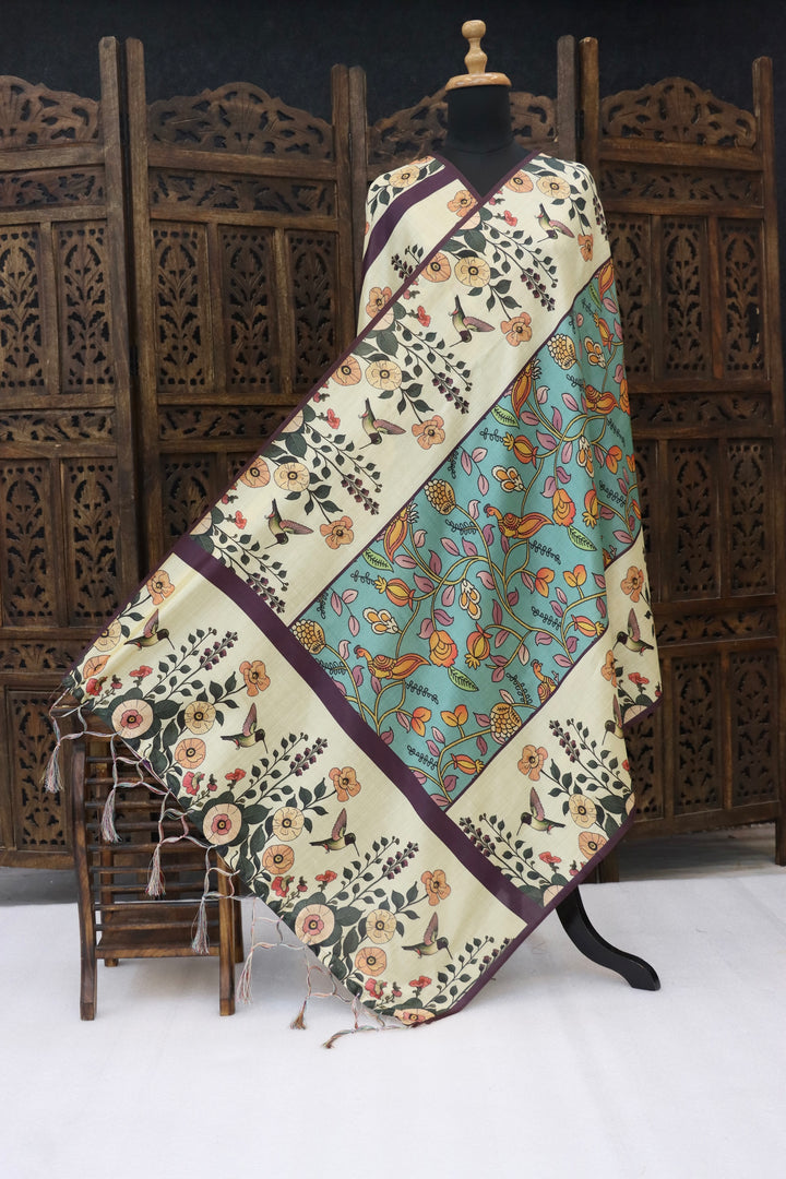 Ivory & Aqua Malai Silk Dupatta with Floral Vine & Bird Motifs – Soft Ethnic Printed Dupatta with Tassels