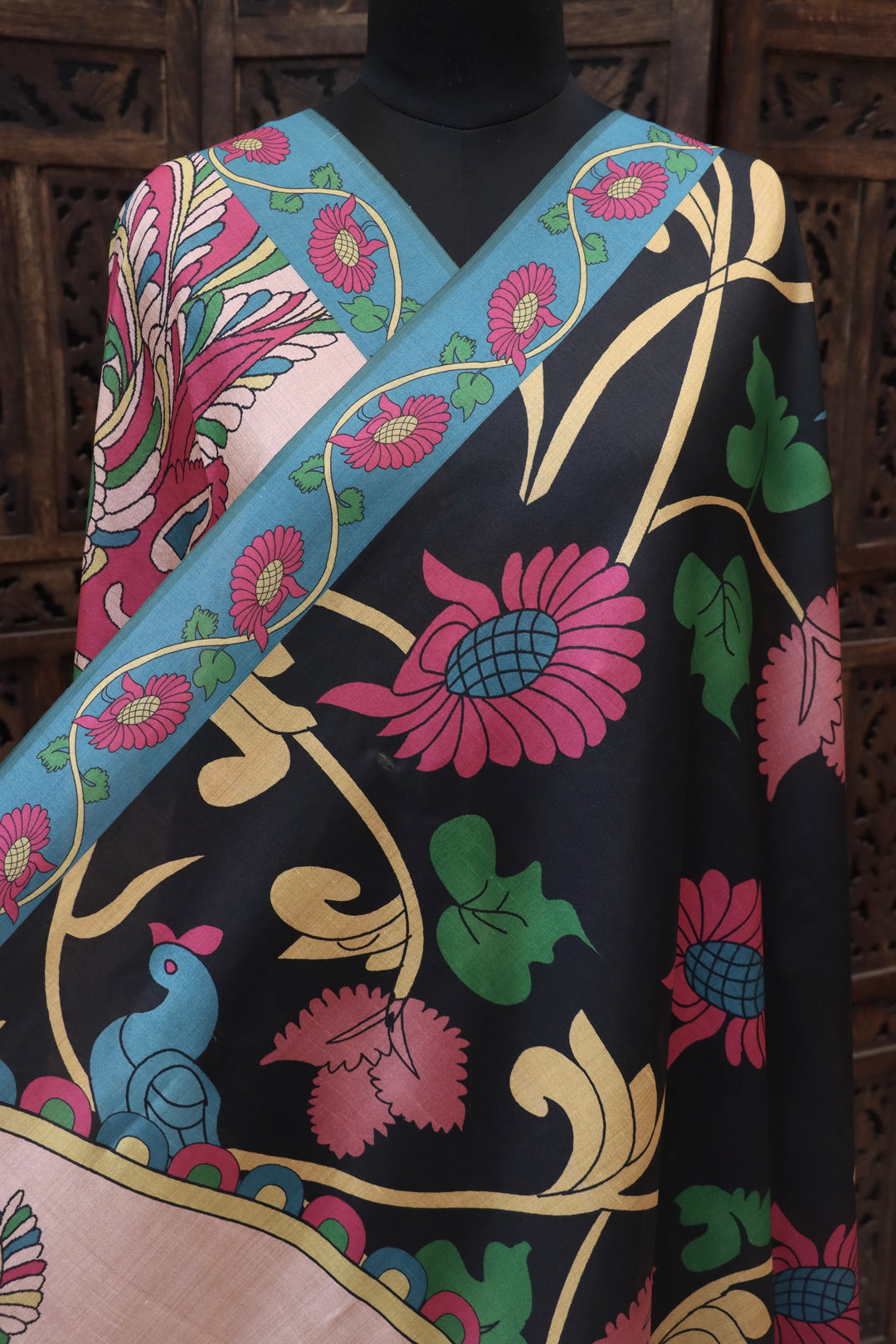 Black & Teal Malai Silk Dupatta with Peacock Motif & Floral Folk Print – Elegant Statement Ethnic Dupatta