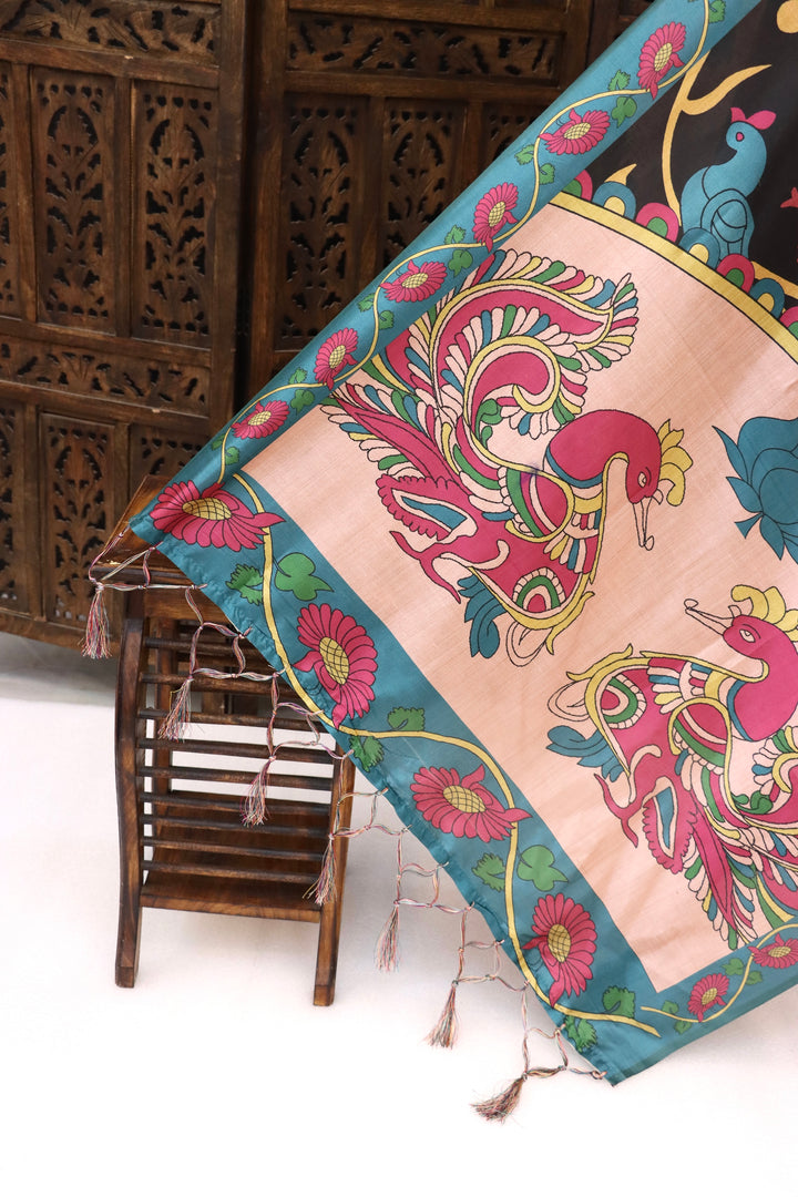 Black & Teal Malai Silk Dupatta with Peacock Motif & Floral Folk Print – Elegant Statement Ethnic Dupatta