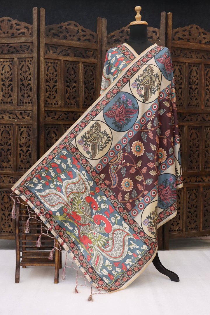 Maroon & Slate Blue Malai Silk Dupatta with Peacock Medallions & Floral Folk Print – Elegant Handcrafted Style Dupatta