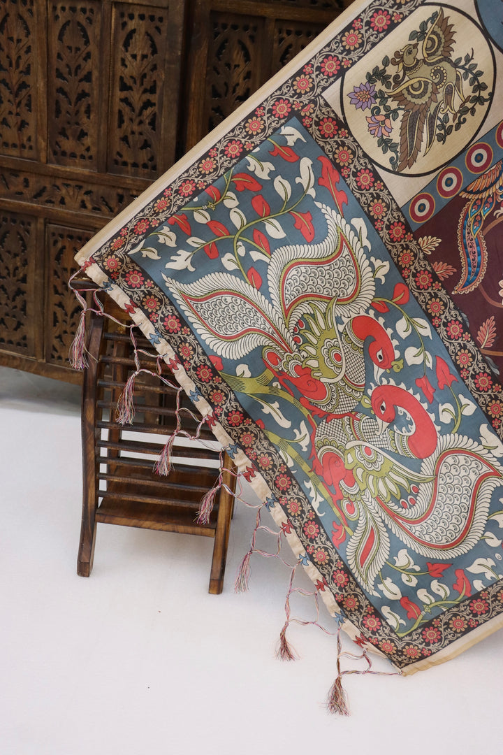 Maroon & Slate Blue Malai Silk Dupatta with Peacock Medallions & Floral Folk Print – Elegant Handcrafted Style Dupatta