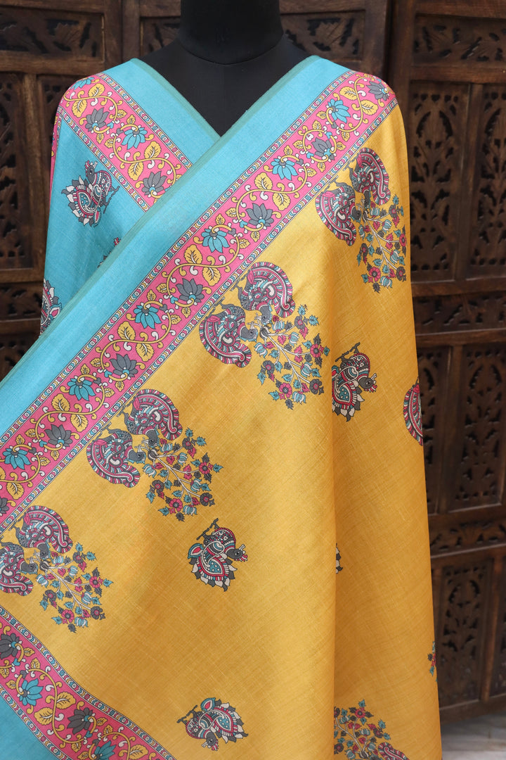 Mustard Yellow & Aqua Malai Silk Dupatta with Traditional Peacock Motifs – Ethnic Printed Dupatta with Tassels