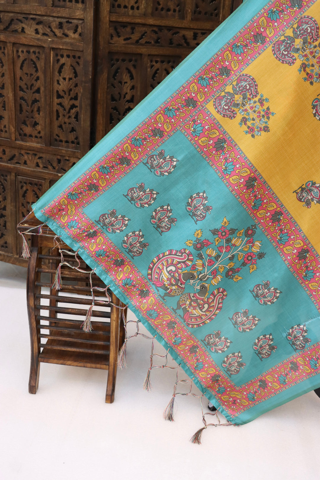 Mustard Yellow & Aqua Malai Silk Dupatta with Traditional Peacock Motifs – Ethnic Printed Dupatta with Tassels