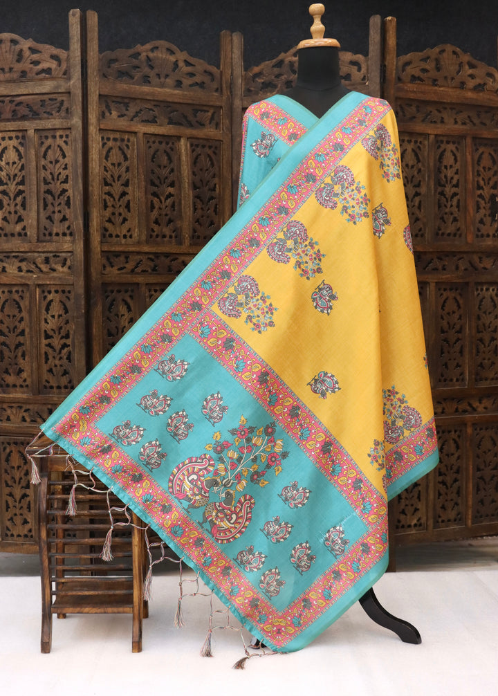 Mustard Yellow & Aqua Malai Silk Dupatta with Traditional Peacock Motifs – Ethnic Printed Dupatta with Tassels