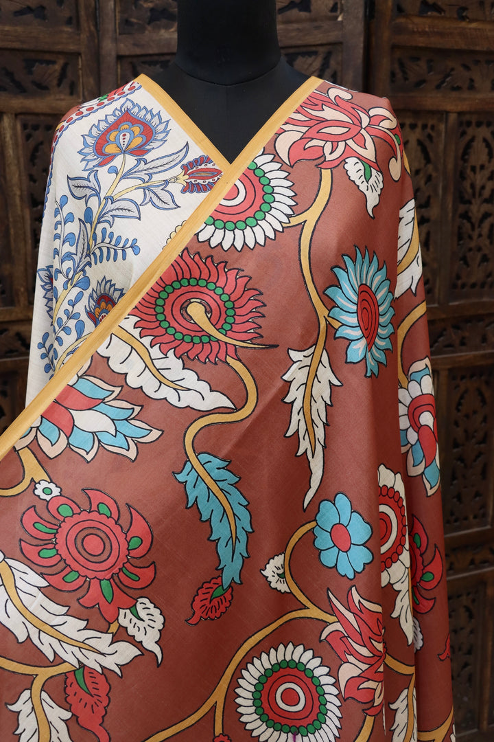 Rust Brown & Ivory Malai Silk Dupatta with Hand-Style Floral & Peacock Motifs – Ethnic Printed Dupatta with Tassels