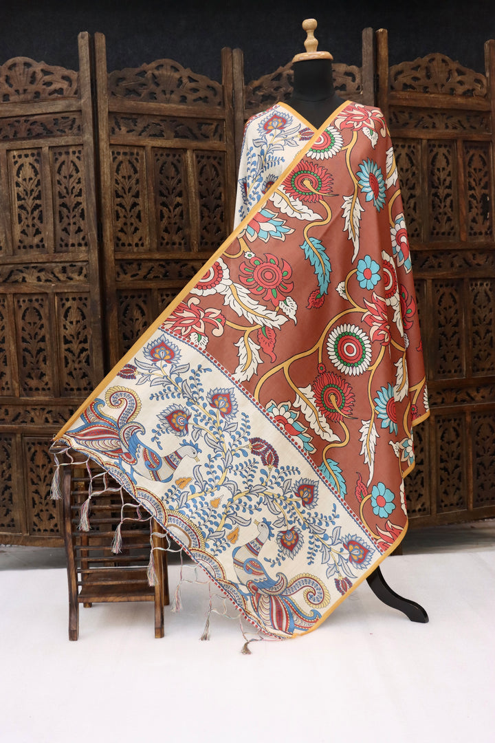 Rust Brown & Ivory Malai Silk Dupatta with Hand-Style Floral & Peacock Motifs – Ethnic Printed Dupatta with Tassels
