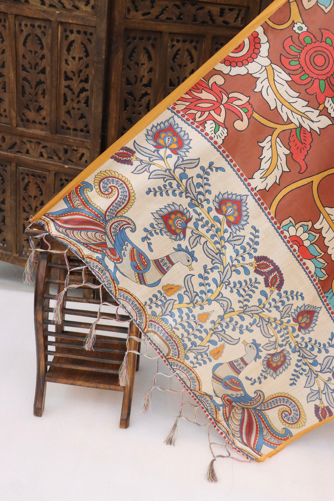 Rust Brown & Ivory Malai Silk Dupatta with Hand-Style Floral & Peacock Motifs – Ethnic Printed Dupatta with Tassels