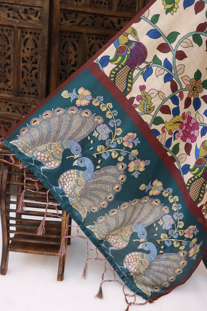 Ivory & Teal Malai Silk Dupatta with Peacock & Floral Kalamkari-Inspired Print – Designer Ethnic Dupatta with Tassels