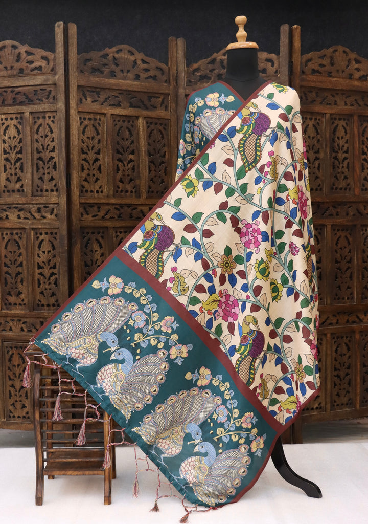 Ivory & Teal Malai Silk Dupatta with Peacock & Floral Kalamkari-Inspired Print – Designer Ethnic Dupatta with Tassels