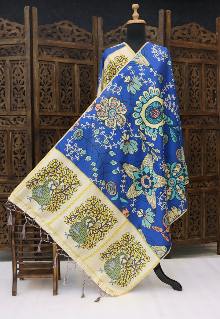 Royal Blue Malai Silk Dupatta with Peacock Tree & Floral Art Print – Designer Ethnic Dupatta with Tassels
