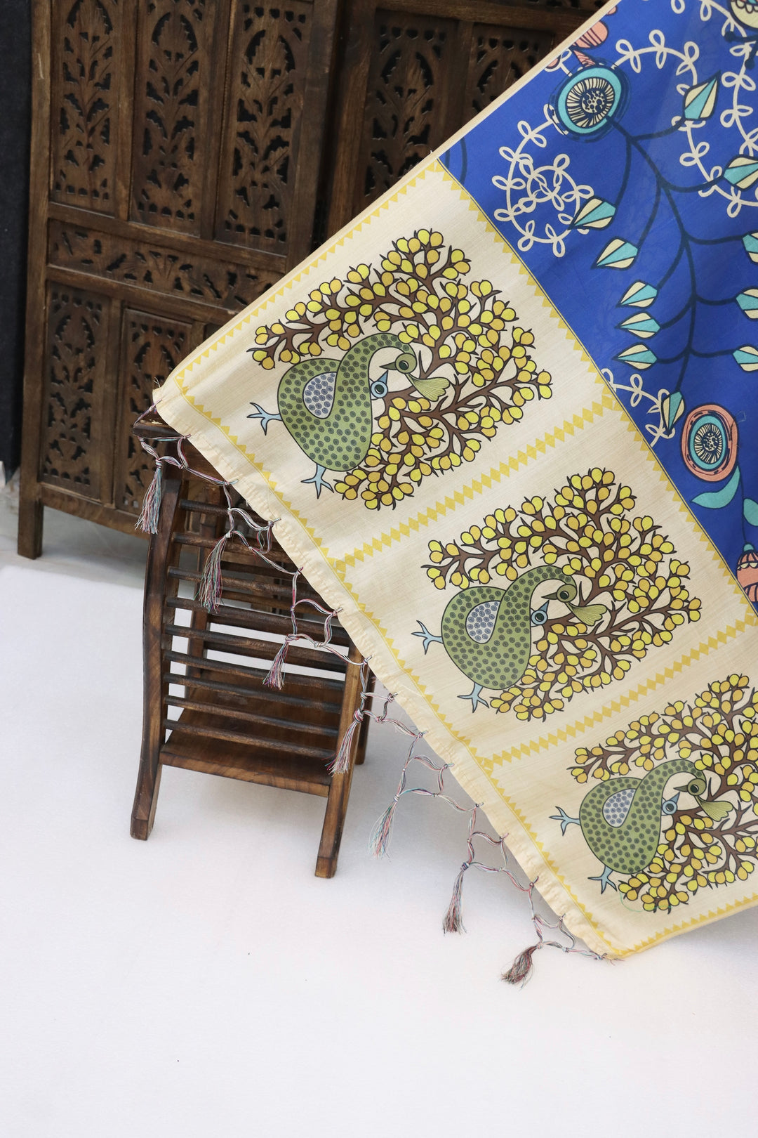 Royal Blue Malai Silk Dupatta with Peacock Tree & Floral Art Print – Designer Ethnic Dupatta with Tassels