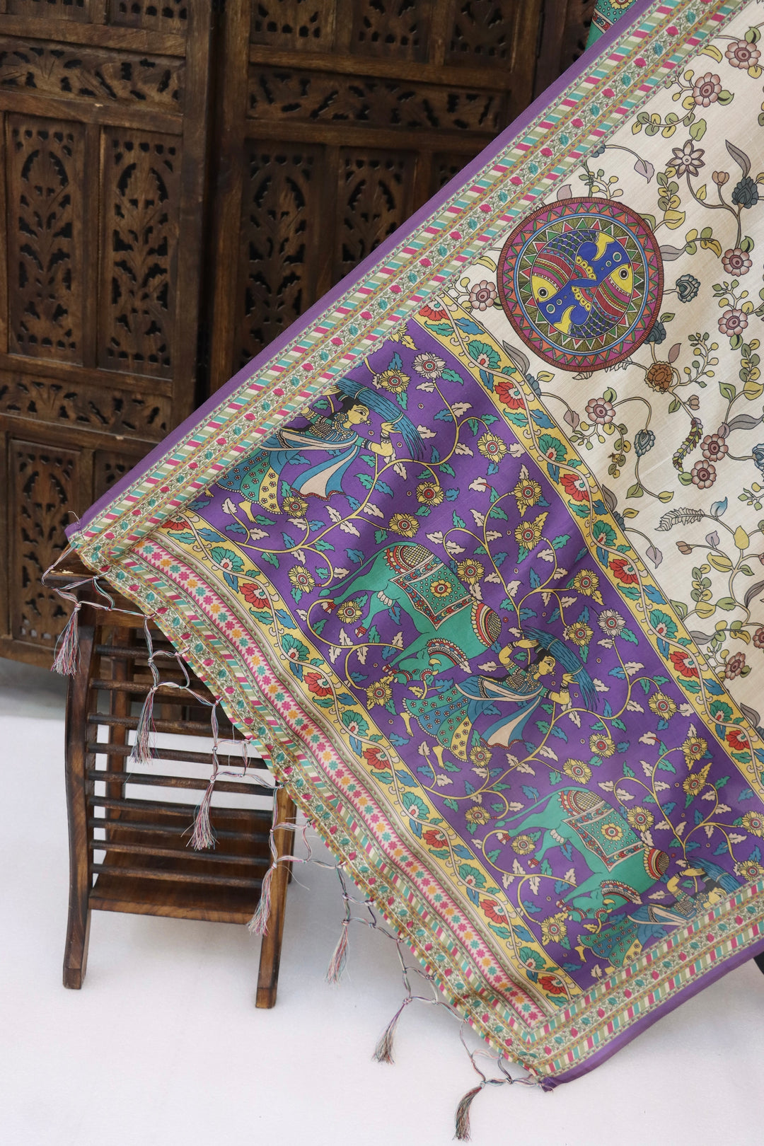 Ivory & Royal Purple Malai Silk Dupatta with Folk Art Medallions & Tribal Border – Designer Ethnic Dupatta with Tassels