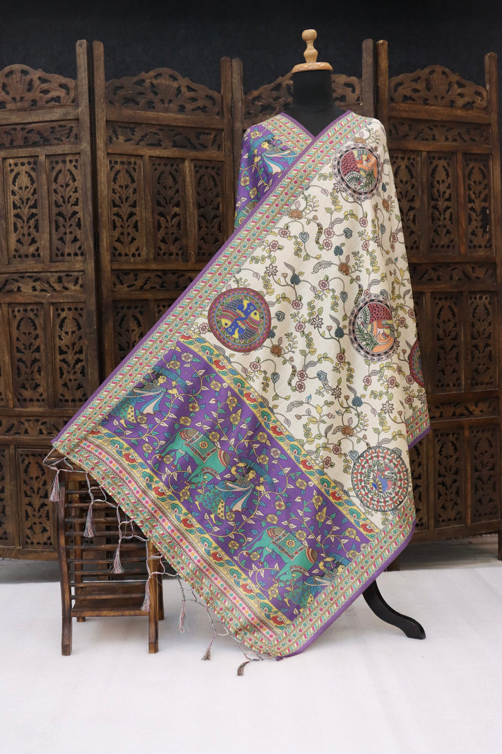 Ivory & Royal Purple Malai Silk Dupatta with Folk Art Medallions & Tribal Border – Designer Ethnic Dupatta with Tassels