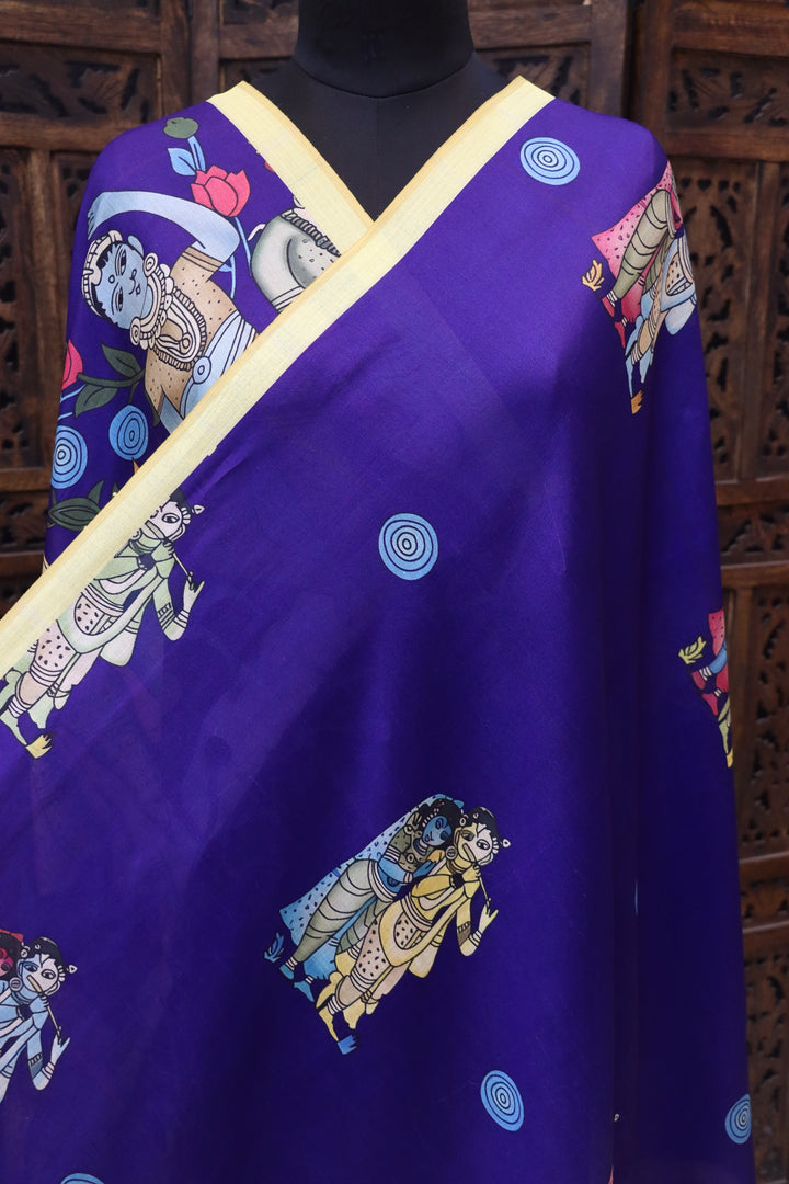 Royal Blue Malai Silk Dupatta with Radha Krishna Folk Art & Yellow Border – Designer Ethnic Dupatta with Tassels