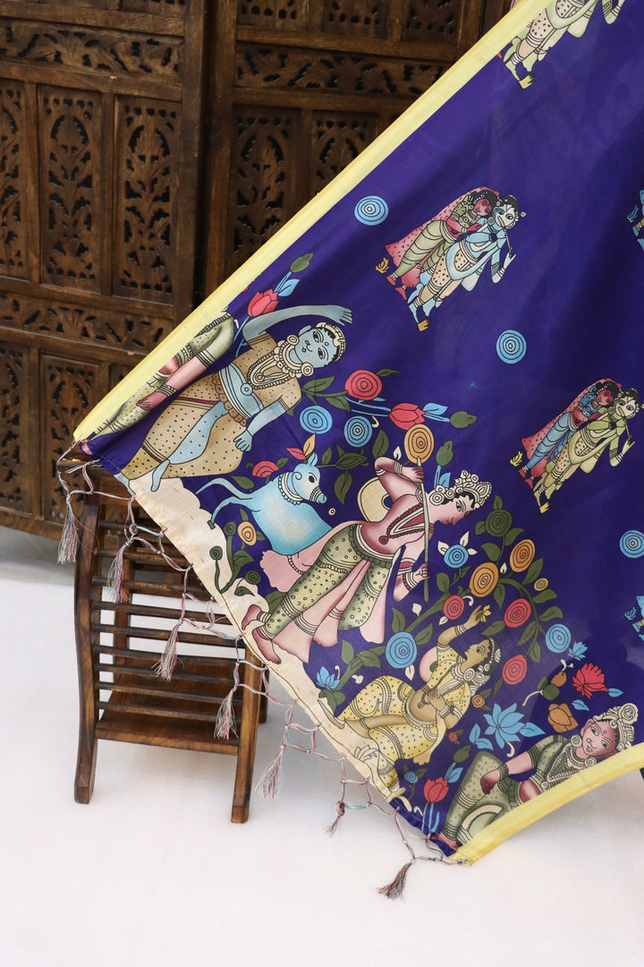 Royal Blue Malai Silk Dupatta with Radha Krishna Folk Art & Yellow Border – Designer Ethnic Dupatta with Tassels