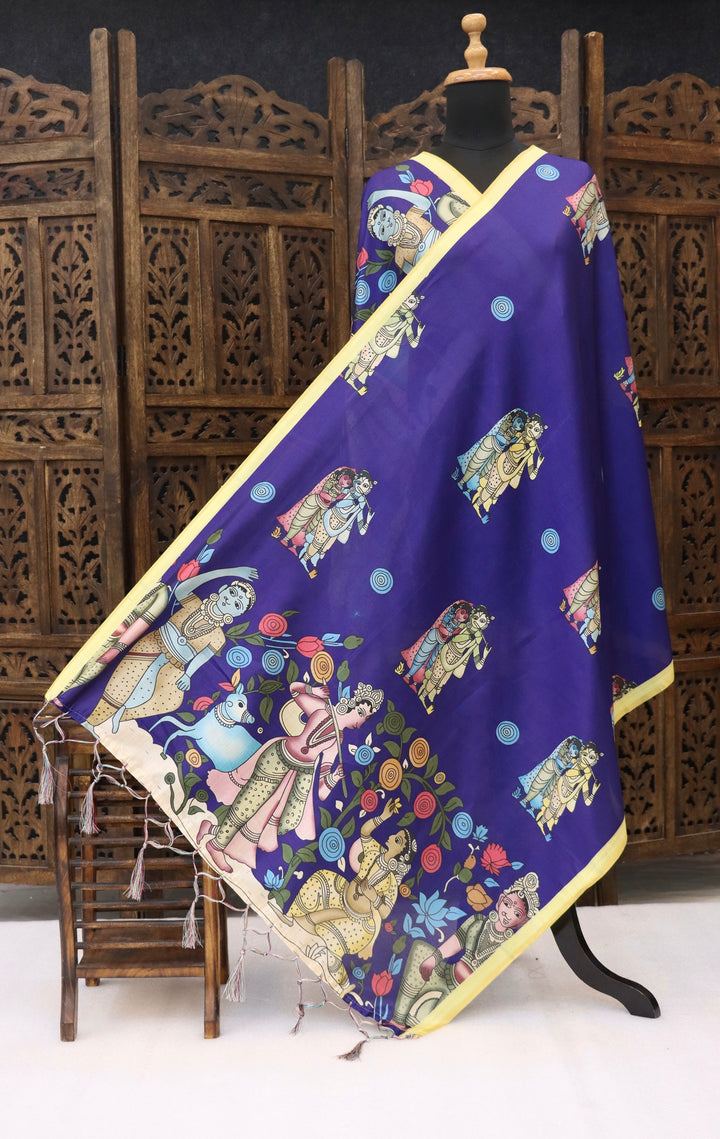 Royal Blue Malai Silk Dupatta with Radha Krishna Folk Art & Yellow Border – Designer Ethnic Dupatta with Tassels