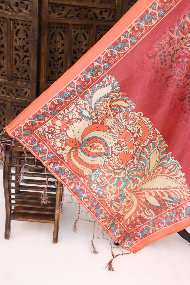 Peach Coral Malai Silk Dupatta with Peacock Folk Art & Floral Vine Print – Designer Ethnic Dupatta with Tassels