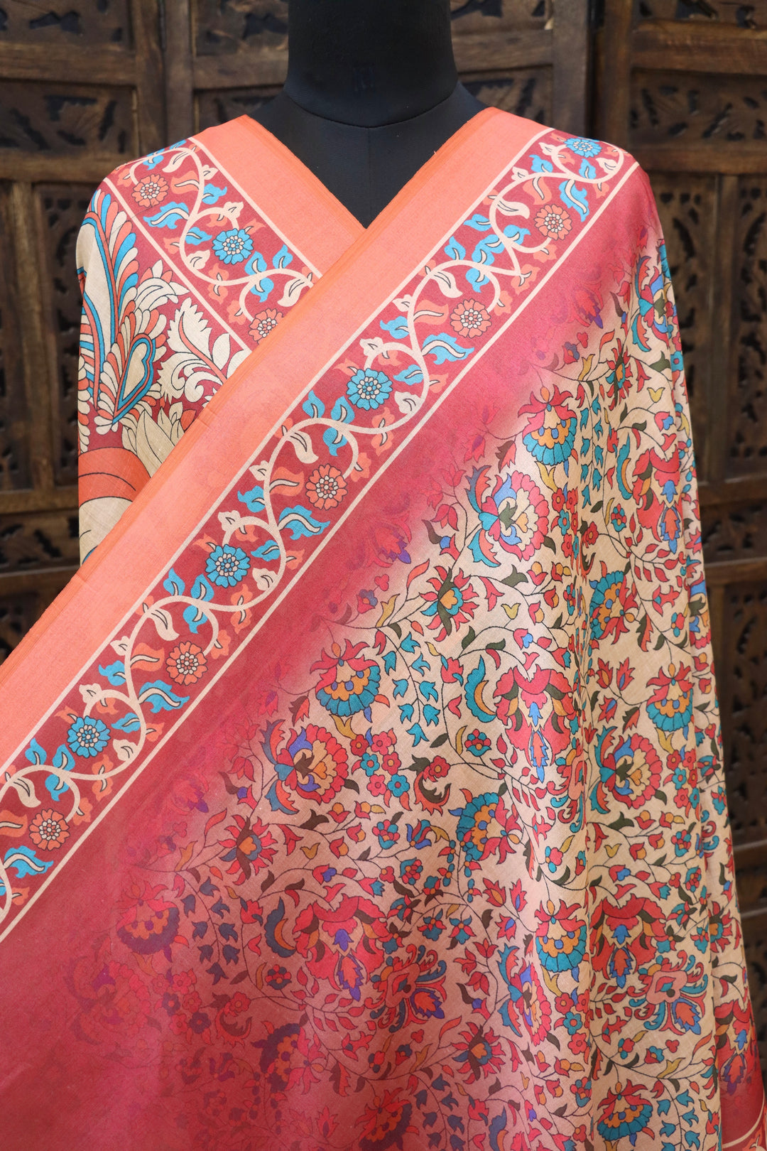 Peach Coral Malai Silk Dupatta with Peacock Folk Art & Floral Vine Print – Designer Ethnic Dupatta with Tassels