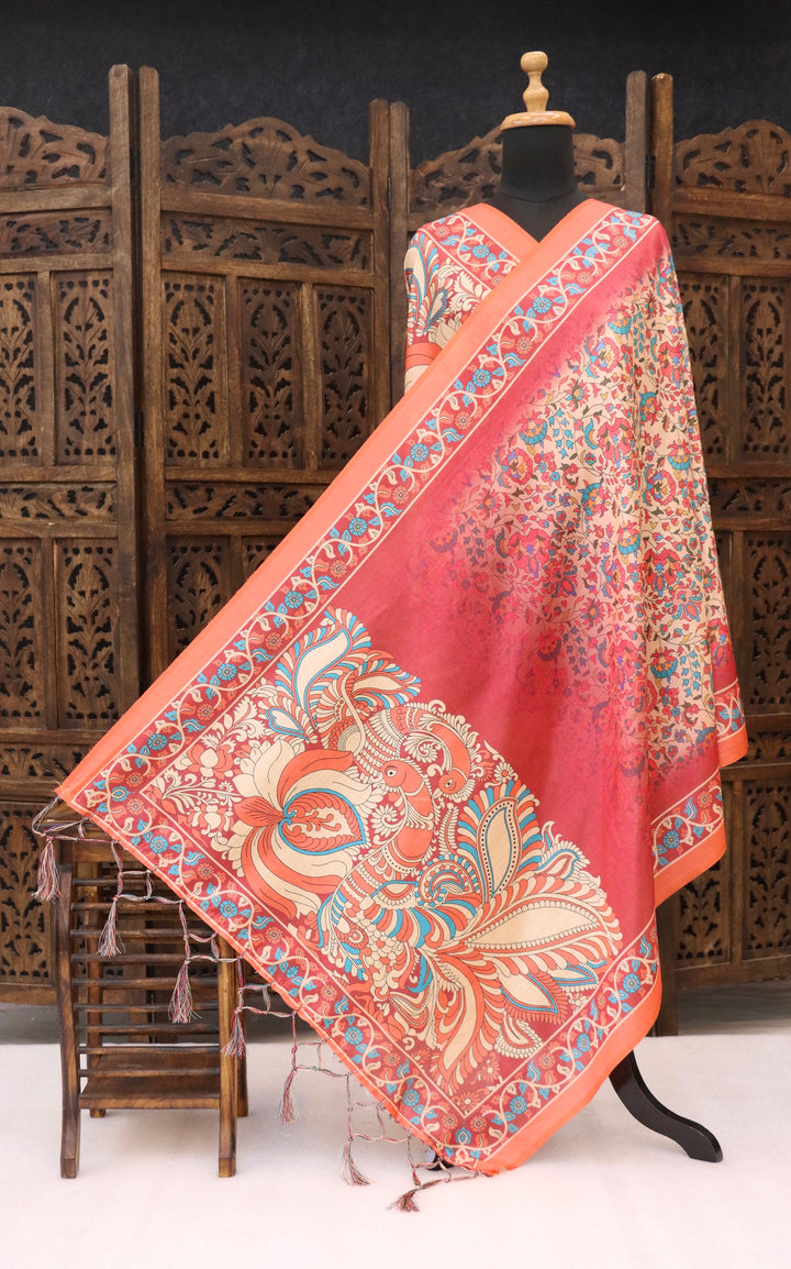 Peach Coral Malai Silk Dupatta with Peacock Folk Art & Floral Vine Print – Designer Ethnic Dupatta with Tassels