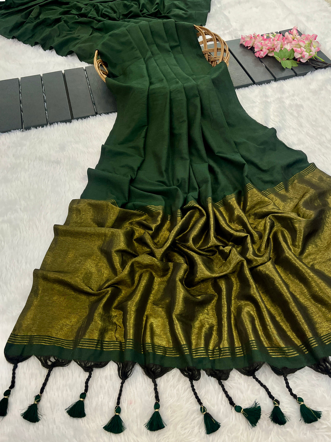 Bottle Green Mul Cotton Saree with Antique Gold Zari Woven Pallu, Tassels & Matching Blouse
