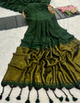 Bottle Green Mul Cotton Saree with Antique Gold Zari Woven Pallu, Tassels & Matching Blouse