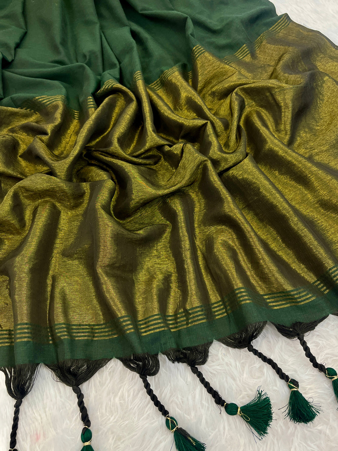 Bottle Green Mul Cotton Saree with Antique Gold Zari Woven Pallu, Tassels & Matching Blouse