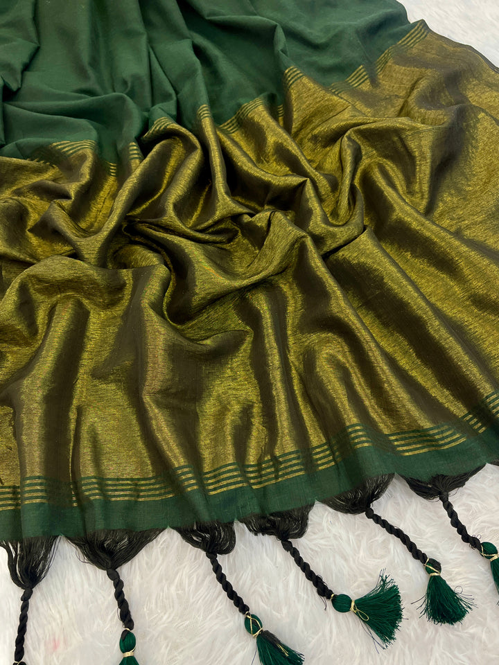 Bottle Green Mul Cotton Saree with Antique Gold Zari Woven Pallu, Tassels & Matching Blouse