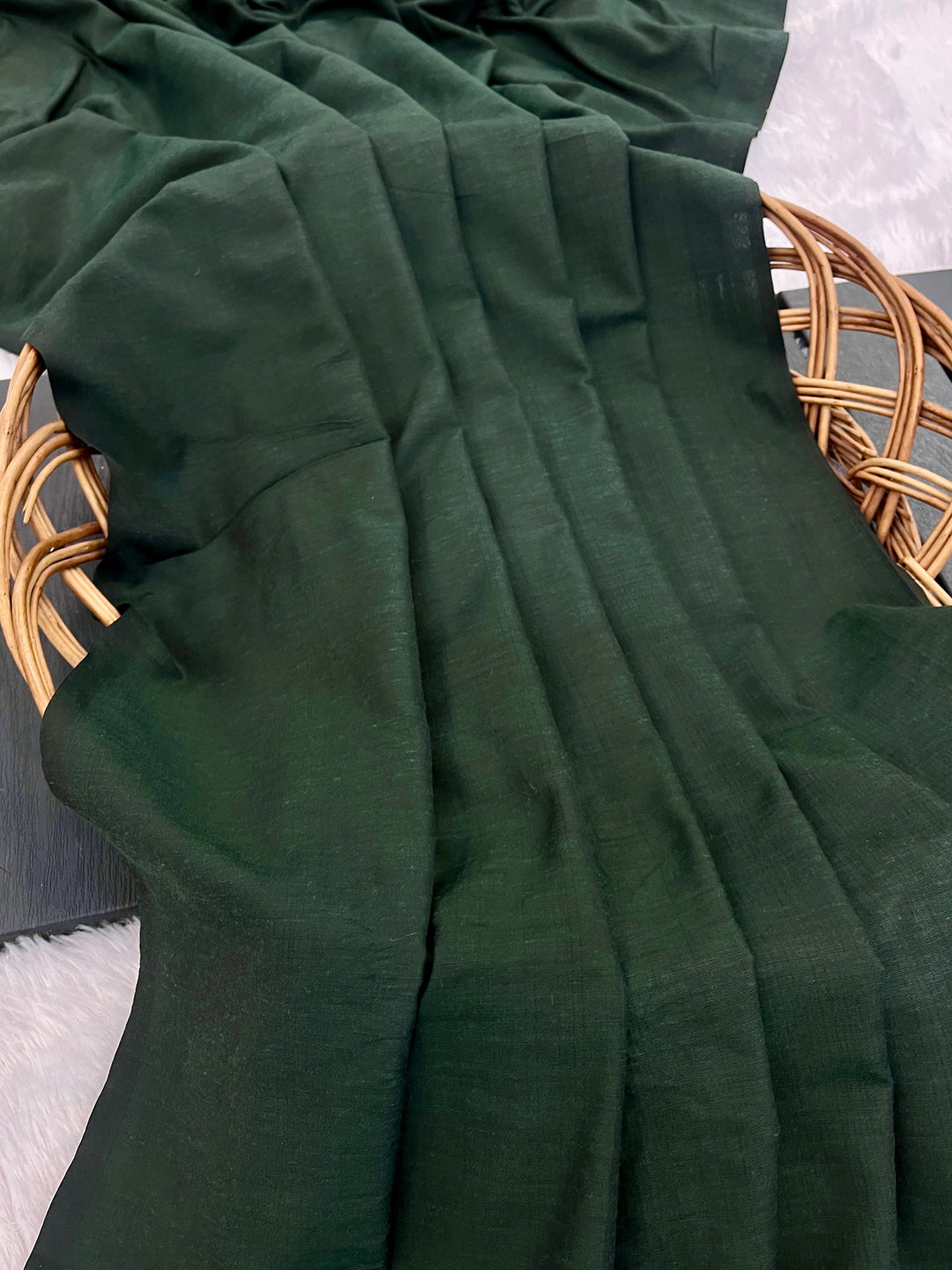 Bottle Green Mul Cotton Saree with Antique Gold Zari Woven Pallu, Tassels & Matching Blouse