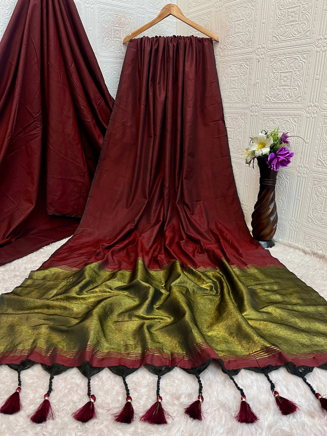 Maroon Mul Cotton Saree with Antique Gold Zari Woven Pallu, Tassels & Matching Blouse