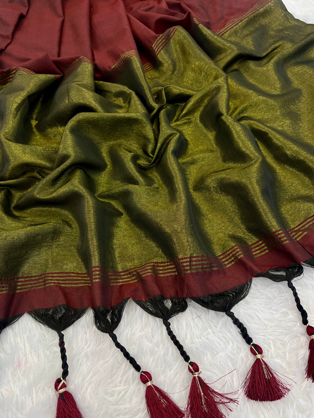 Maroon Mul Cotton Saree with Antique Gold Zari Woven Pallu, Tassels & Matching Blouse
