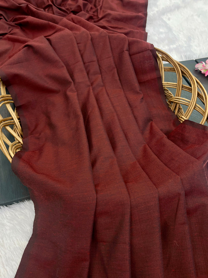 Maroon Mul Cotton Saree with Antique Gold Zari Woven Pallu, Tassels & Matching Blouse