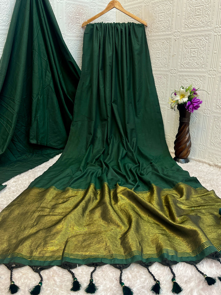 Bottle Green Mul Cotton Saree with Antique Gold Zari Woven Pallu, Tassels & Matching Blouse