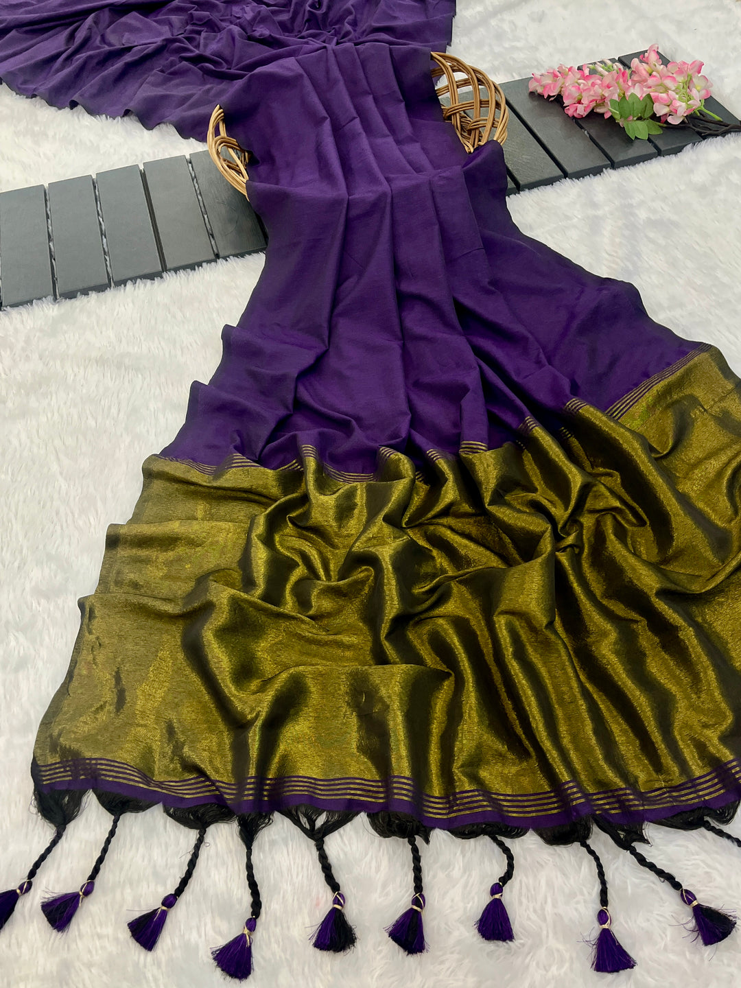 Deep Purple Mul Cotton Saree with Antique Gold Zari Woven Pallu, Tassels & Matching Blouse