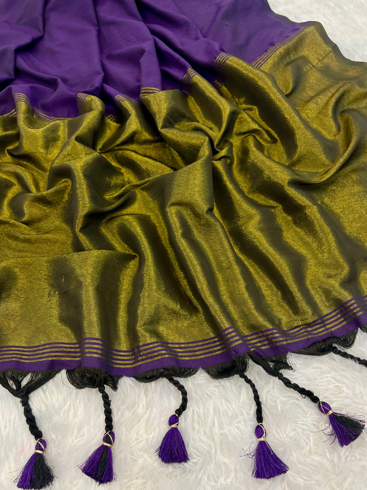 Deep Purple Mul Cotton Saree with Antique Gold Zari Woven Pallu, Tassels & Matching Blouse