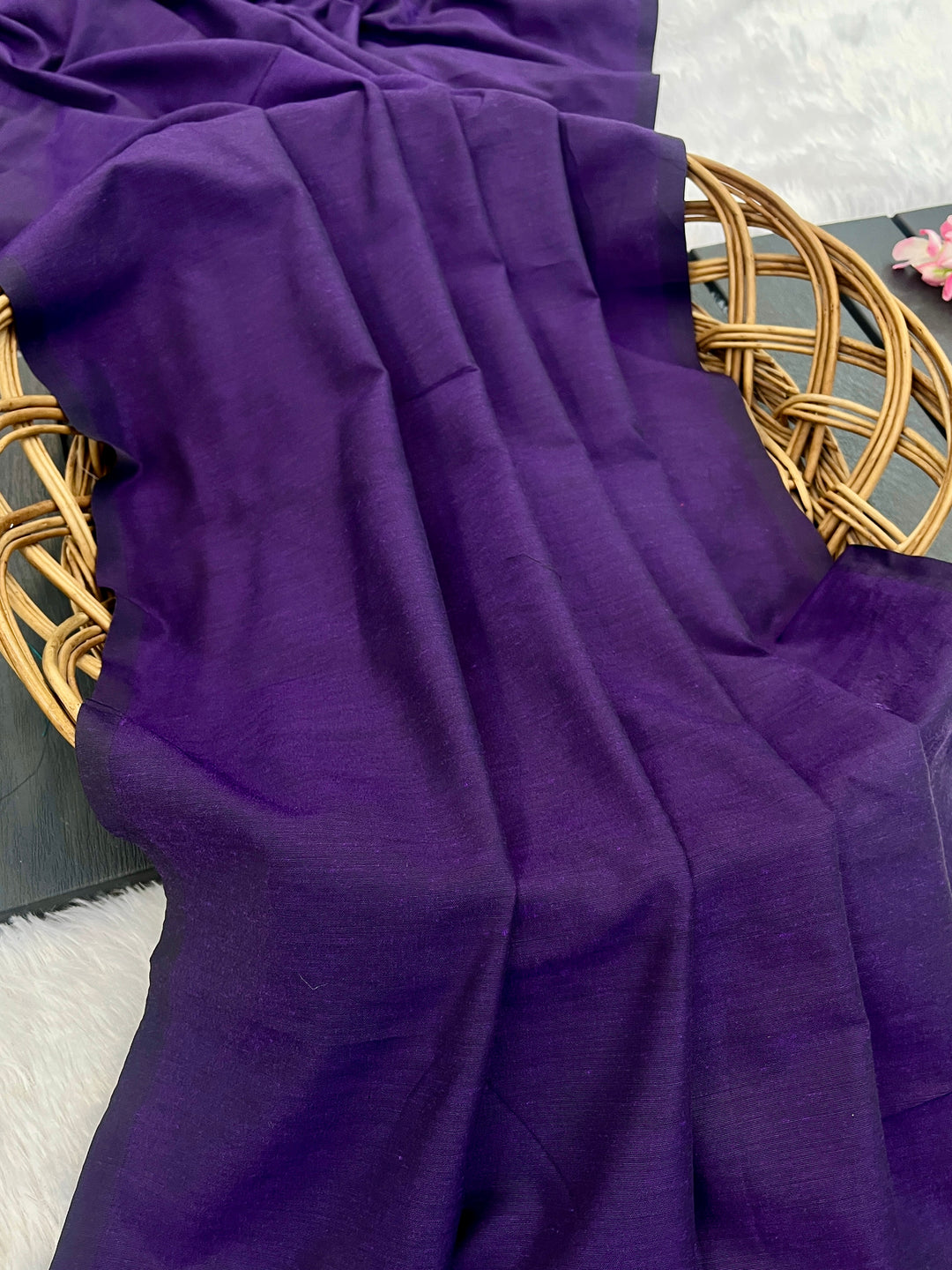 Deep Purple Mul Cotton Saree with Antique Gold Zari Woven Pallu, Tassels & Matching Blouse