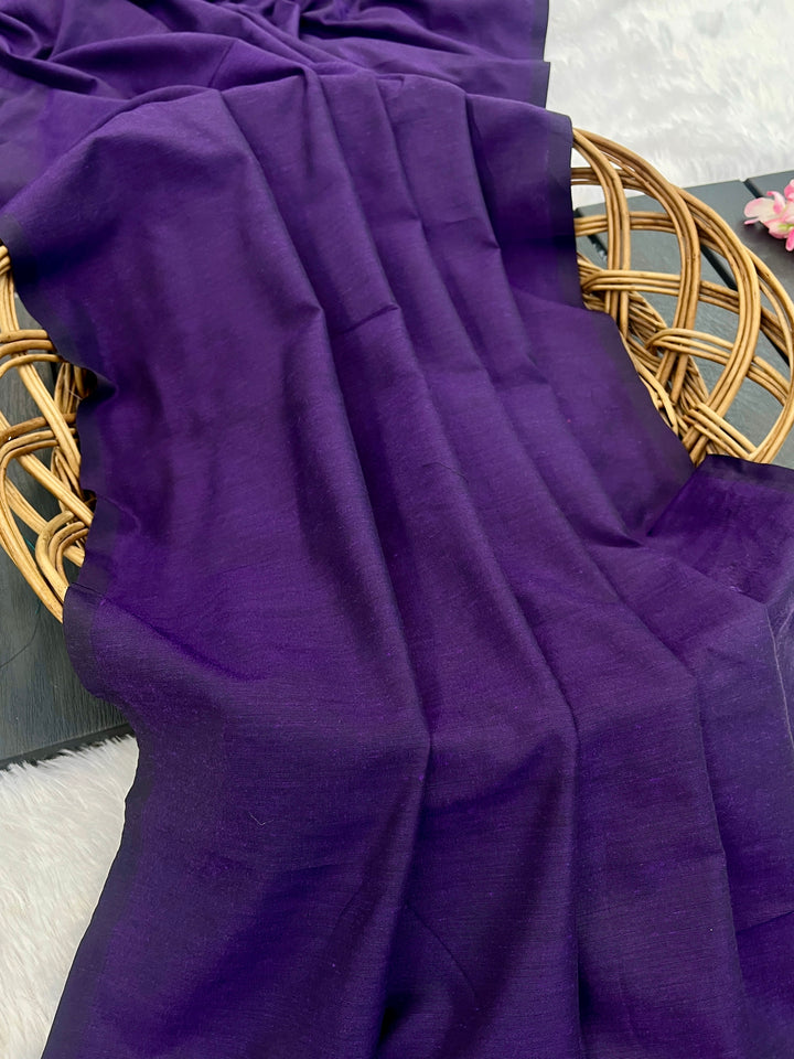 Deep Purple Mul Cotton Saree with Antique Gold Zari Woven Pallu, Tassels & Matching Blouse