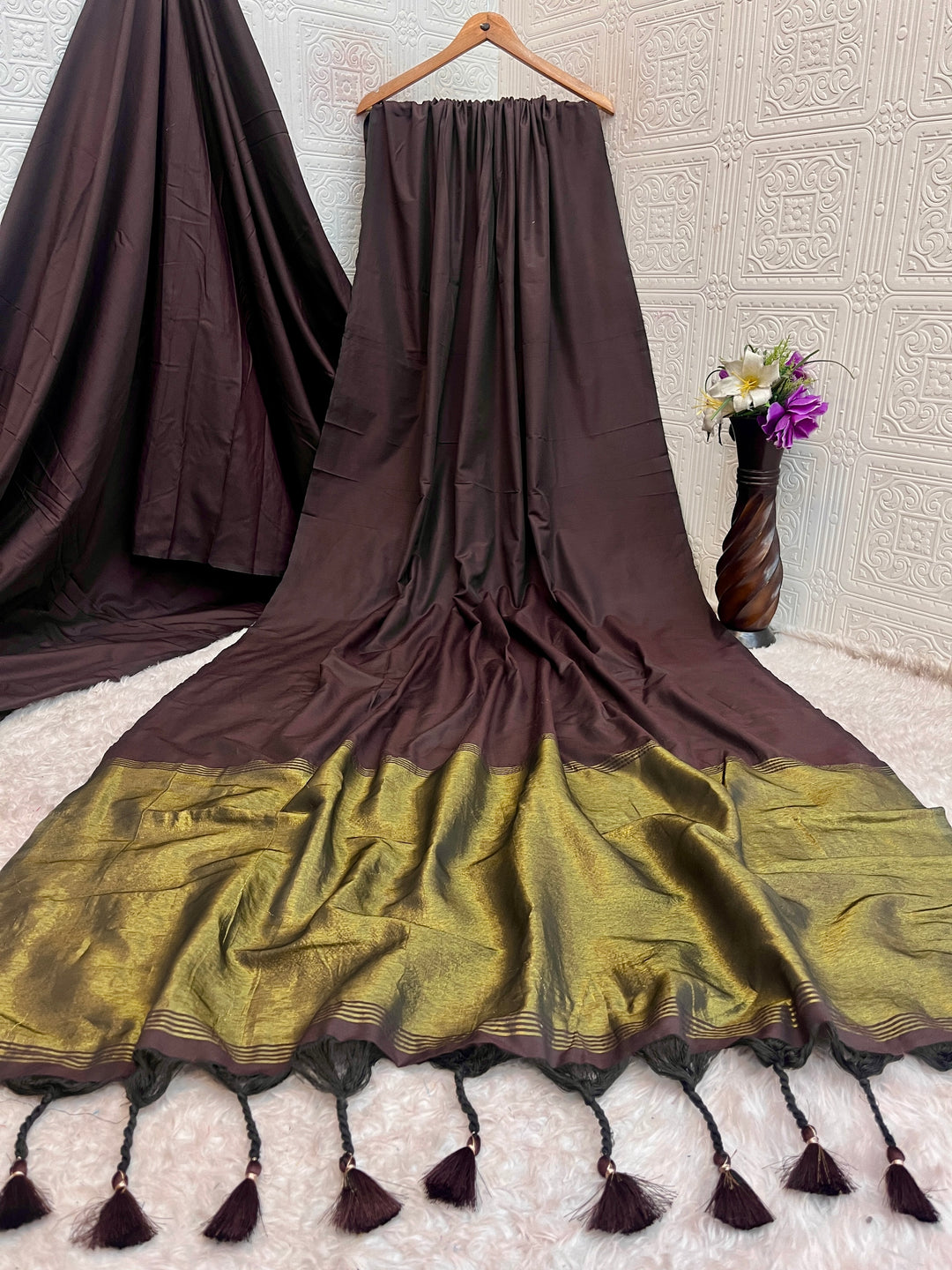 Chocolate Brown Mul Cotton Saree with Antique Gold Zari Woven Pallu, Tassels & Matching Blouse