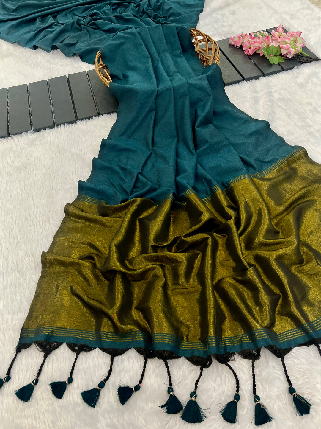 Teal Blue Mul Cotton Saree with Antique Gold Zari Woven Pallu, Tassels & Matching Blouse
