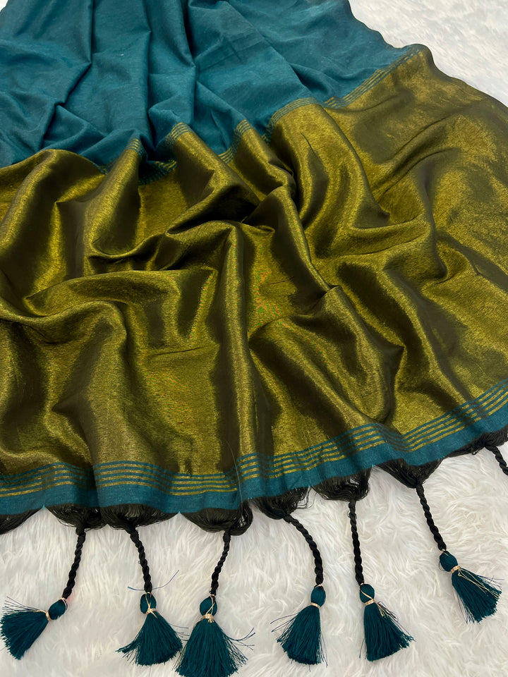 Teal Blue Mul Cotton Saree with Antique Gold Zari Woven Pallu, Tassels & Matching Blouse